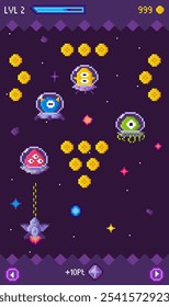 El estilo de arte Pixel representa criaturas alienígenas vibrantes y una nave espacial en el espacio. Video Ideal para juegos, temáticas de ciencia ficción, juegos de arcade, nostalgia y arte digital. Los Elementos atractivos incluyen estrellas