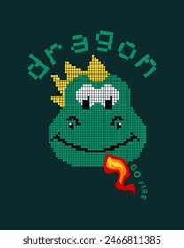 Pixel art style dragon face illustration, designed for kids' t-shirts.