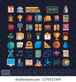 Pixel art style education icons. Office equipment. Back to school. Isolated vector illustration. Stationery and school supplies. Design for stickers, app and logo.