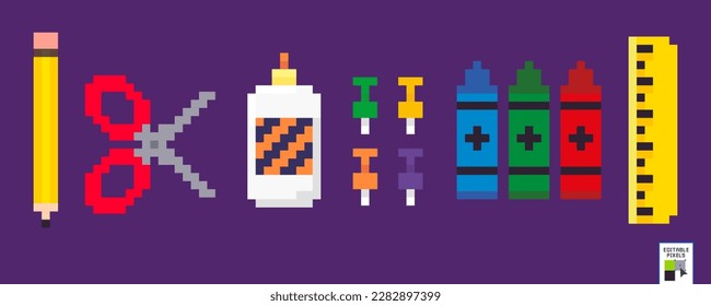 Pixel art style education icons. Office equipment. Back to school. Isolated vector illustration. Stationery and school supplies. Design for stickers, app and logo. 8 bit. Pencil. Scissors. Crayons