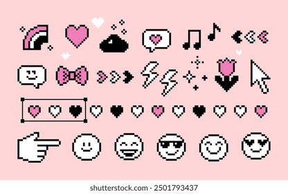 Pixel art style elements pack. Smile, heart, music note, sparkle and cool simple geometric shape. Mood of 90's aesthetics. 8-bit retro style pixelated vector illustration