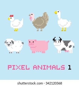Pixel art style farm animals cartoon vector set 1
