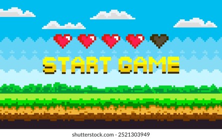 Pixel art style with five pixelated hearts and yellow text reading Start Game against a landscape. Ideal for video games retro themes nostalgic displays pixel art presentations and classic gaming