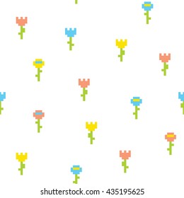 Pixel art style flower seamless vector pattern white