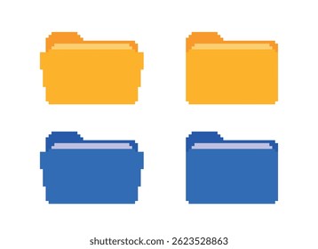 Ícones de pasta de estilo Pixel art em cores amarelas e azuis, perfeitos para designs digitais retrô, aplicativos ou interfaces de gerenciamento de arquivos.