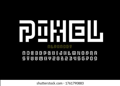 Pixel art style font design, alphabet letters and numbers vector illustration