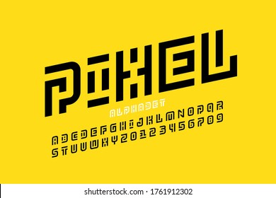 Diseño de fuente de estilo de arte de píxeles, letras alfabéticas y ilustración vectorial de números