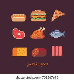 pixel art style food icons set, vector illustration. 