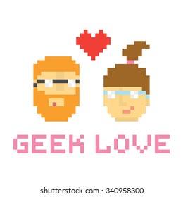 Pixel art style geek couple in love vector illustrationa