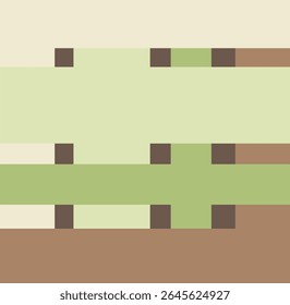 A pixel art style geometric design, using earthy tones like beige, brown, and green. The blocky layout evokes a retro, digital, and playful atmosphere