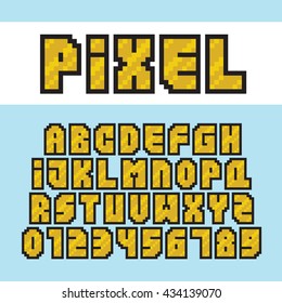 Pixel art style golden alphabet and numbers vector font set