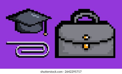 Pixel art style graduation cap paperclip and briefcase arranged as business and career tools on purple background. Concept of digital tools for office use, graduation and career entry