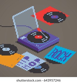 Pixel art style gramophone player icon being played with rock and hip-hop album covers, isometric view, vector graphic illustration.