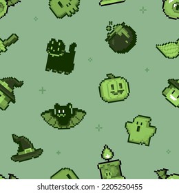 Pixel Art Style Happy Halloween Phosphoric Seamless Pattern. 8-bit Ghost, Pumpkin, Bat, Cat And Other Characters In Retro Computer Game Style. Cute Endless Cartoon Background For Halloween Design