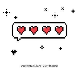 Pixel art style heart icon for love, like, review and social reaction. Retro style game abstract design element for social media. Pixel sticker for feedback or comment. 90s 8 bit vector illustration
