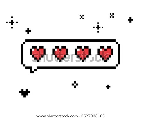 Pixel art style heart icon for love, like, review and social reaction. Retro style game abstract design element for social media. Pixel sticker for feedback or comment. 90s 8 bit vector illustration