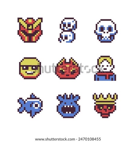 Pixel art style icons, abstract arcade video game characters, cute creatures set, funny element design for logo, app, web, sticker. Isolated vector illustration.