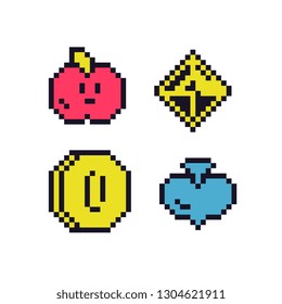 Pixel art style icons set elements design for arcade, logo, app, web, sticker. Apple coin and stone video game sprite.  Isolated abstract vector illustration. 