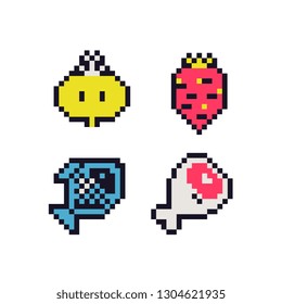 Pixel art style icons set carrot onion fish and meat elements design for logo, app, web, sticker. Video game sprite.  Isolated abstract vector illustration. 