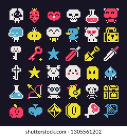 Pixel art style icons set elements design for arcade, logo, app, web, sticker. Creatures character and cute animals. Video game sprite. Isolated abstract vector illustration. 