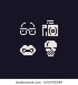 Pixel art style icons set, glasses, vampire lips, ice cream maker, bottle of alcohol or perfume, elements design for logo, app, web, sticker. Isolated abstract vector illustration. Video game sprite.