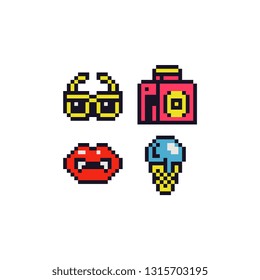 Pixel art style icons set, glasses, vampire lips, ice cream maker, bottle of alcohol or perfume, elements design for logo, app, web, sticker. Video game sprite. Isolated abstract vector illustration.