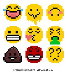 pixel art style icons set, emoticon with various emotions cute faces, colorful vector graphic illustrations