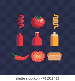 Pixel art style icons set. Ketchup, mustard, sauces, tomato, chili, hot dog. Fast food. Isolated vector illustrator. 8-bit.