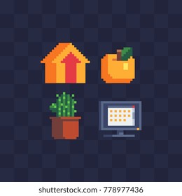Pixel art style icons set. Peach and cactus. Personal computer, monitor. Web icon home page. Game assets. Isolated abstract vector illustration.