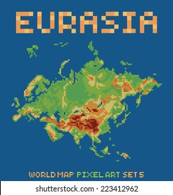 pixel art style illustration of eurasia physical world map