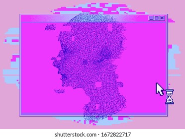 Pixel art style illustration with human head made of particles. Concept illustration of Artificial intelligence, Machine learning and Cybernetics.
