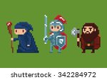 Pixel art style illustration of old wise wizard in blue cloak, brave knight in shining armour, and bearded dwarf with axe on green background. Characters for retro arcade fantasy game.