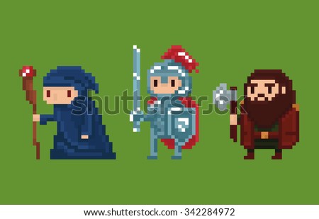 Pixel art style illustration of old wise wizard in blue cloak, brave knight in shining armour, and bearded dwarf with axe on green background. Characters for retro arcade fantasy game.