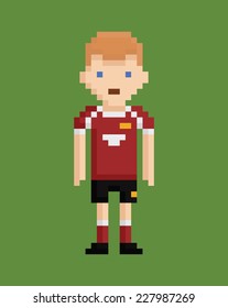 pixel art style illustration shows soccer player in red and white uniform on green background