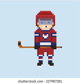 pixel art style illustration shows hockey player in red, white and blue uniform