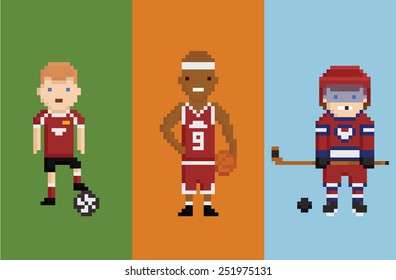 pixel art style illustration - sportsman football basketball hockey with items ball puck and bandy