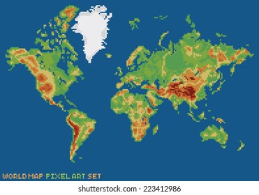 Pixel Art Style Illustration World Physical Map