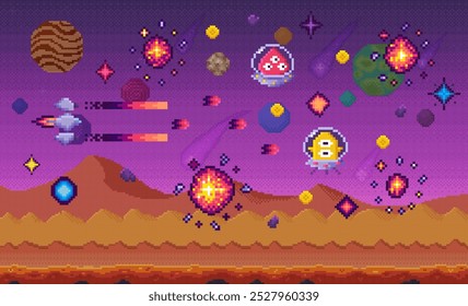 La Imagen de estilo de arte Pixel muestra una nave espacial rodeada de dos criaturas alienígenas. Los puntos y los potenciadores son visibles. Se utiliza para juegos, pixel art, aventuras espaciales, puntuación y temas retro