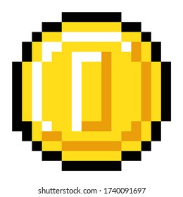 Pixel art style isolated vector coin for retro video game. Shiner golden coin, pixel money sketch. Coin object to use in a computer game, websites. Minimalistic pixel graphic object golden piece