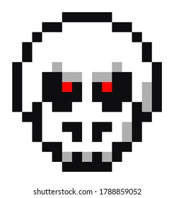 Pixel art style isolated vector cranium for retro game. White scull with red burning eyes. Simplistic digital sign, human brainpan. Bones anatomy 8 bit. pixelate human skeleton minimalistic design