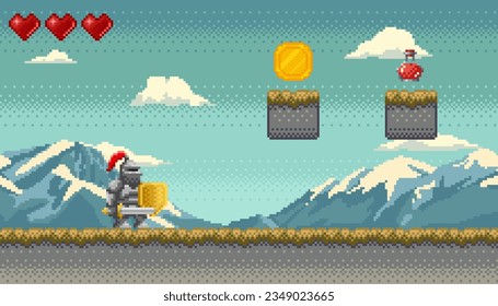 Pixel art style, knight in armor with sword and shield with mountains and clouds on background. Retro video game pixelated scene with platforms with grass, coin and potion flask. Vector illustration.