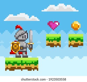 Pixel art style, knight in game arcade play. Character with sharp sword and shield fighting against enemy, retro pixel-game mode. Pixelated scene with dirt platforms with grass, prizes heart and coin