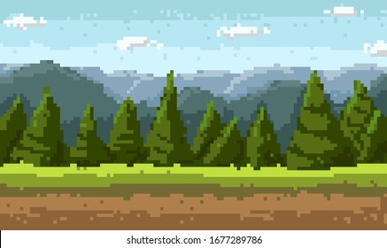 Pixel art style landscape with pine trees or Christmas trees. Blue sky, mounts, forest. 