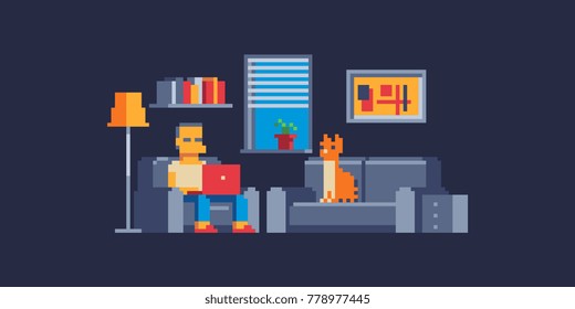 Pixel art style. Man working at home. Freelancer character with laptop sitting in armchair in his apartment. 8-bit. Isolated abstract vector illustration.