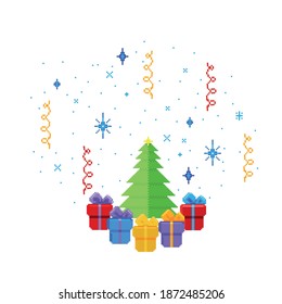 Pixel art style. Merry Christmas and Happy New Year greeting card. Perfect for personalized holiday greeting cards, Christmas party invitations and holiday designs.