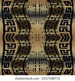 Pixel art style modern gold luxury 3d seamless pattern with greek key meander. Digital ornamental halftone squares glowing vector background. Half tone golden trendy ornaments. Endless texture.