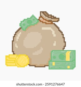 Pixel art style money bag filled with gold coins and dollar bills, retro 8-bit design. White background. Perfect for gaming, digital finance, and cryptocurrency themes.