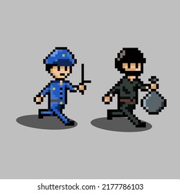 pixel art style, old videogames style, retro style 18 bit police chasing robber vector