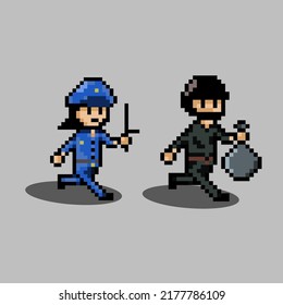 pixel art style, old videogames style, retro style 18 bit police woman chasing robber