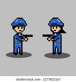 estilo de arte en píxeles, estilo de videojuegos antiguos, estilo retro policía de 18 bits y policía con la pistola